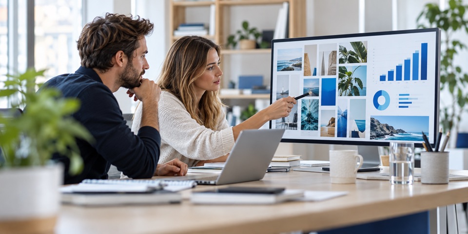 Scena illustrativa: professionisti al lavoro su contenuti e campagne digitali