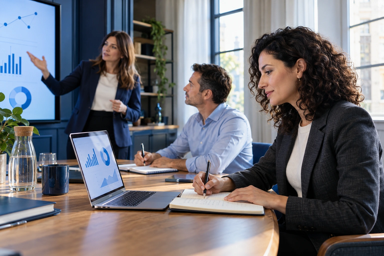 Scena illustrativa di un nuovo workshop: una formatrice e due professionisti impegnati in un’esercitazione su dati e AI