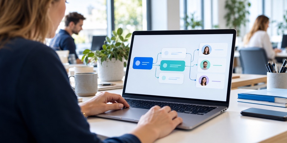 Scena illustrativa: un professionista consulta un flusso digitale di relazioni con i clienti