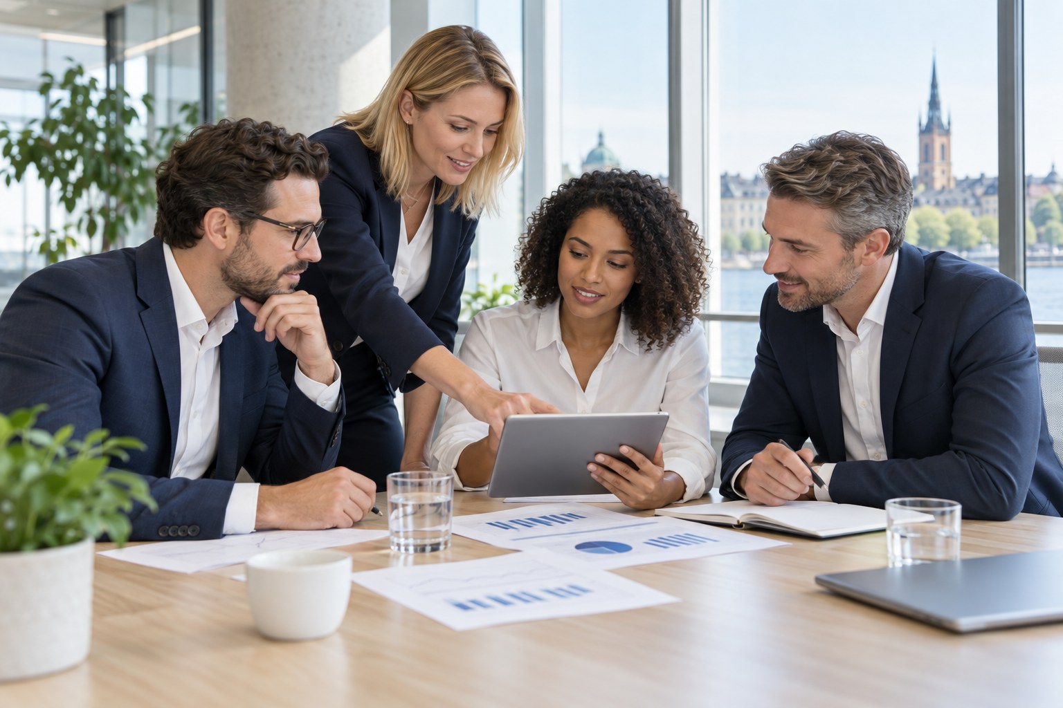 Illustrative scene of a business team working with data and shared goals