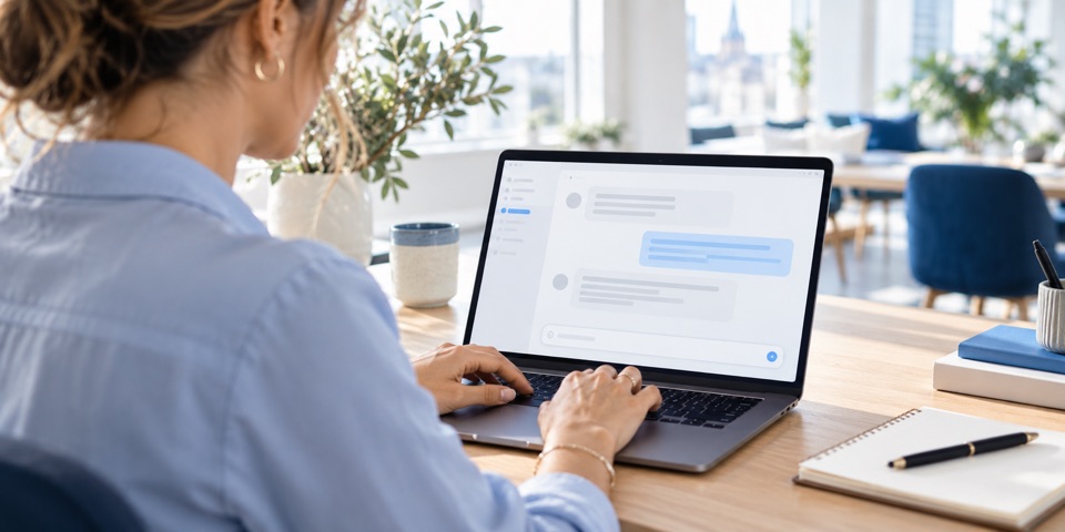 Scena illustrativa: una professionista lavora con un assistente AI al computer